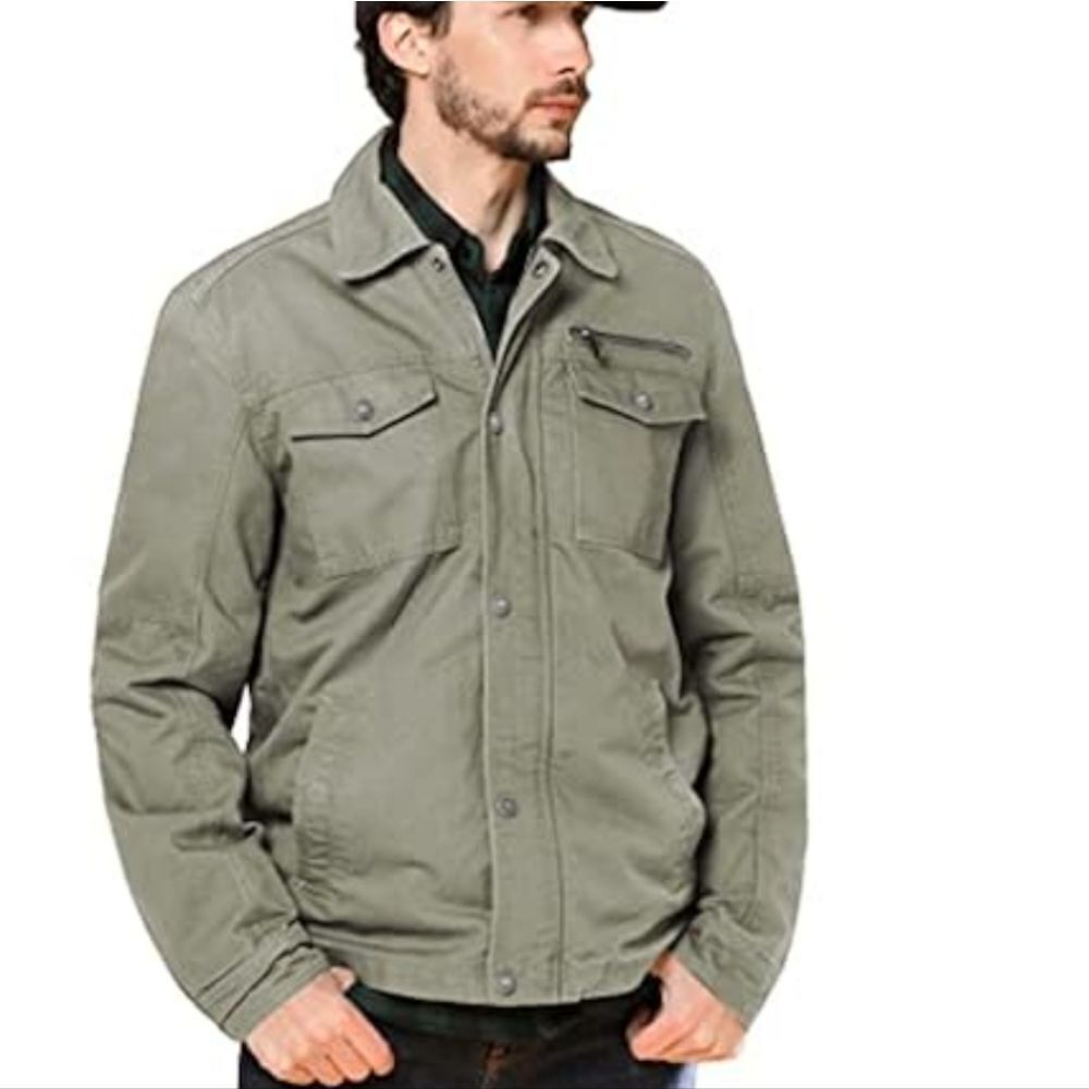 Wenven Men's Casual Canvas Cotton Military Lapel Jacket Olive Khaki Size 2XL